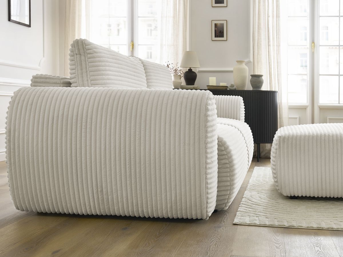 Canapé droit convertible coffre LUCIEN gros côtelé doux avec pouf