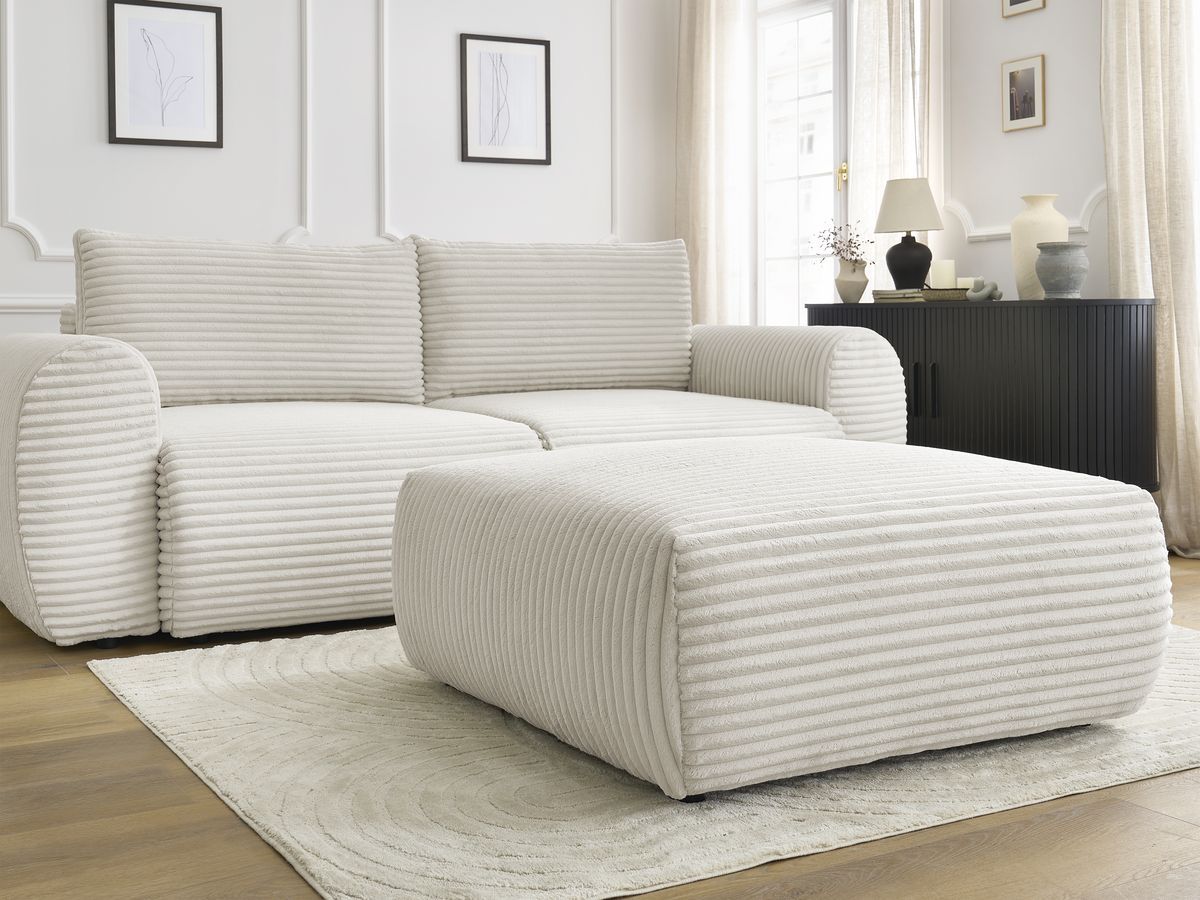 Canapé droit convertible coffre LUCIEN gros côtelé doux avec pouf