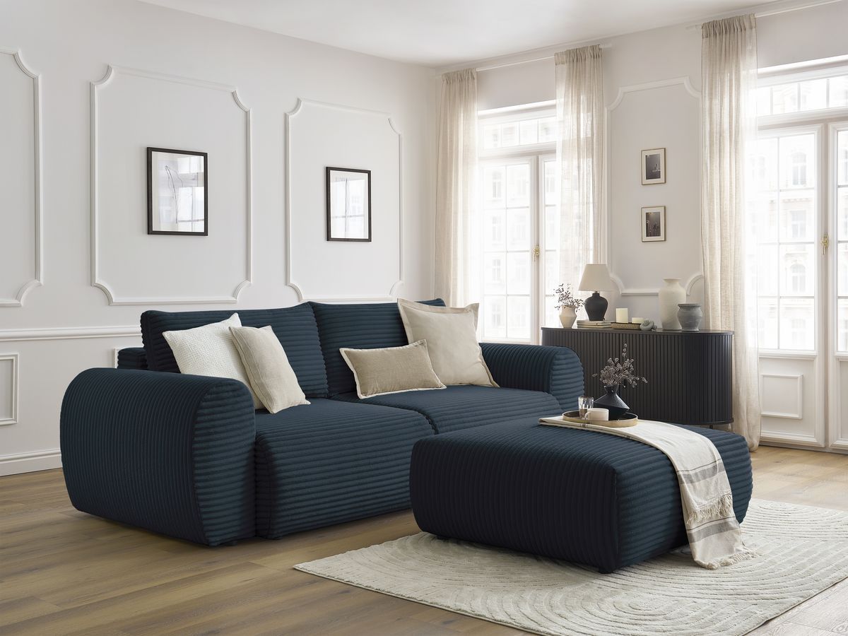 Canapé droit convertible coffre LUCIEN gros côtelé doux avec pouf