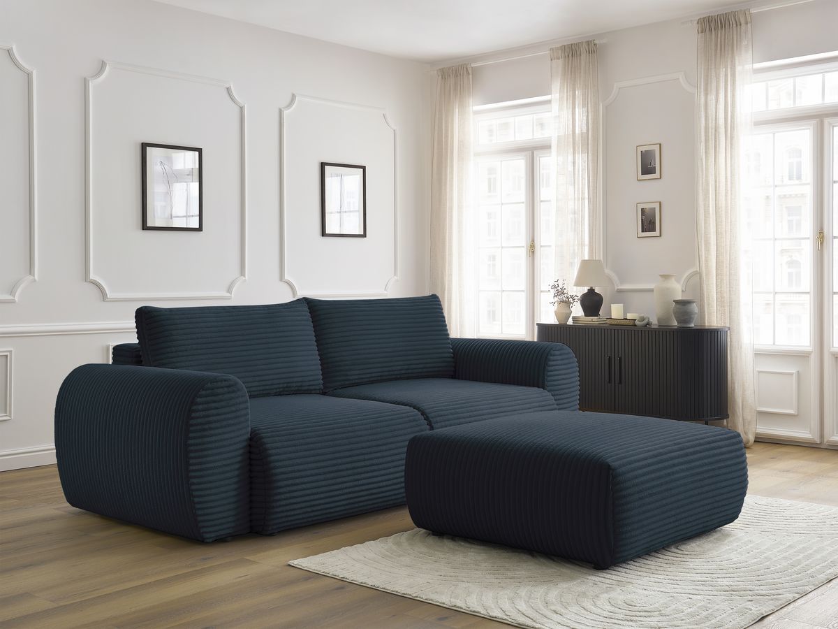 Canapé droit convertible coffre LUCIEN gros côtelé doux avec pouf