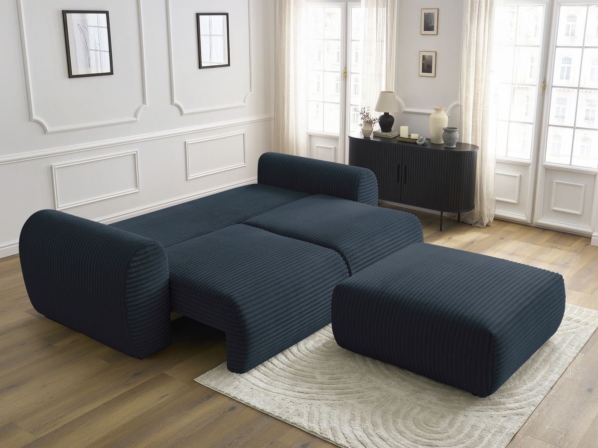 Canapé droit convertible coffre LUCIEN gros côtelé doux avec pouf