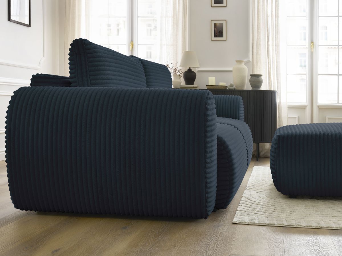 Canapé droit convertible coffre LUCIEN gros côtelé doux avec pouf