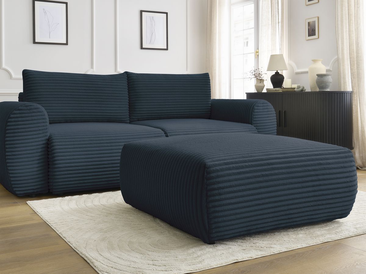 Canapé droit convertible coffre LUCIEN gros côtelé doux avec pouf