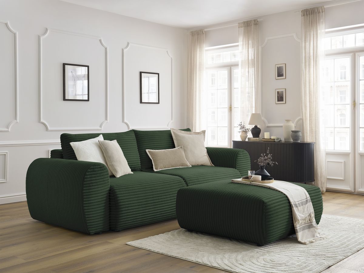 Canapé droit convertible coffre LUCIEN gros côtelé doux avec pouf