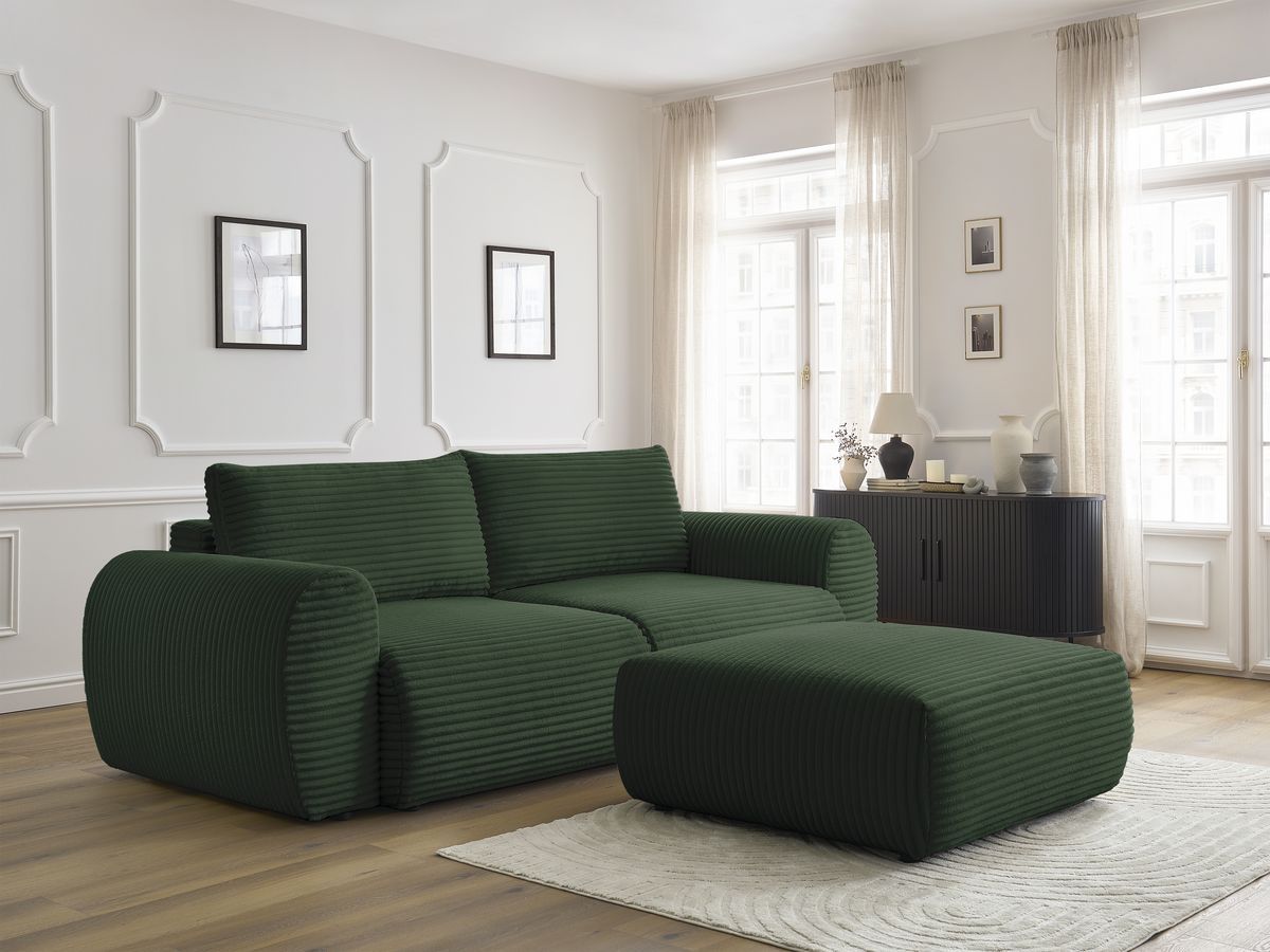 Canapé droit convertible coffre LUCIEN gros côtelé doux avec pouf