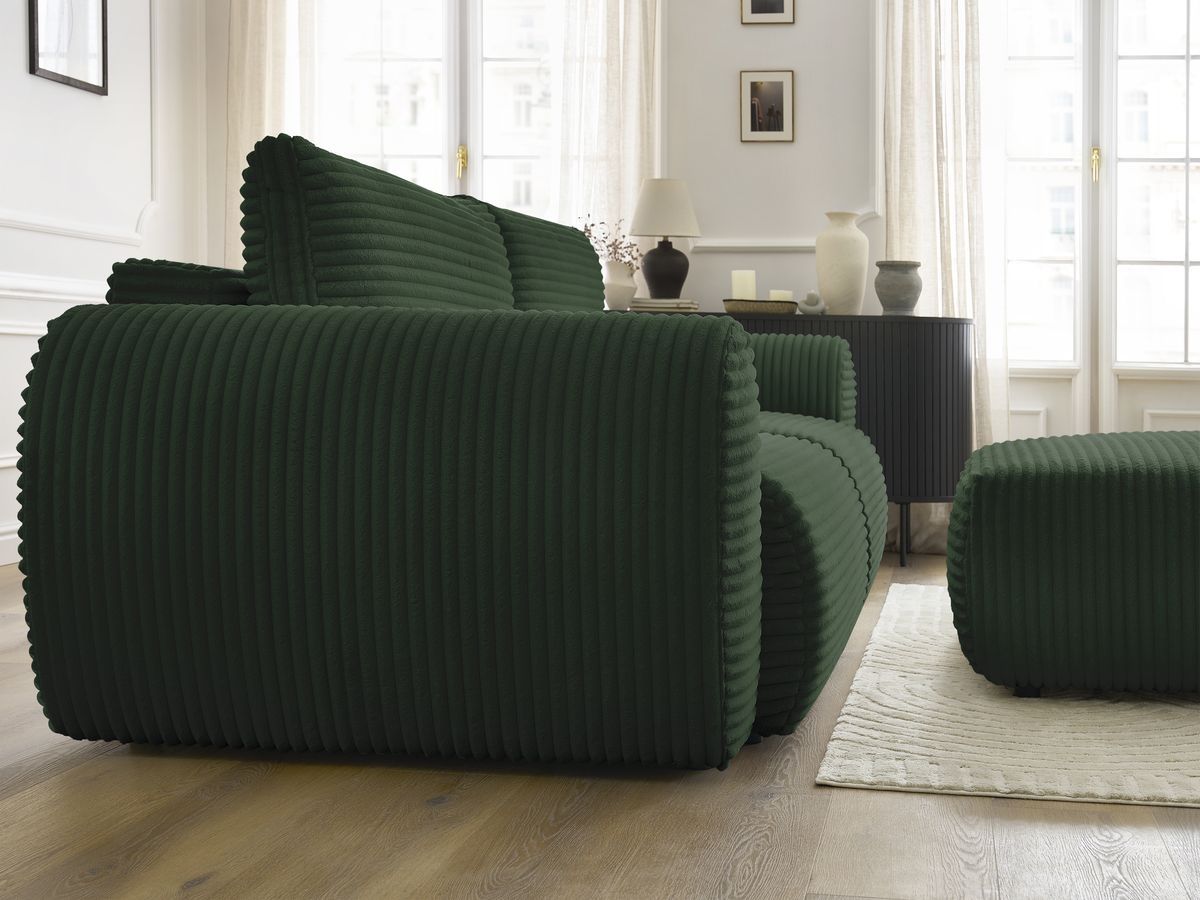 Canapé droit convertible coffre LUCIEN gros côtelé doux avec pouf