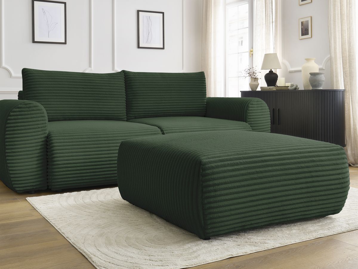 Canapé droit convertible coffre LUCIEN gros côtelé doux avec pouf
