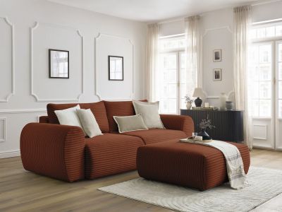 Canapé droit convertible coffre LUCIEN gros côtelé doux avec pouf