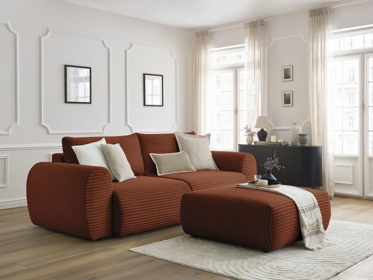 Canapé droit convertible coffre LUCIEN gros côtelé doux avec pouf