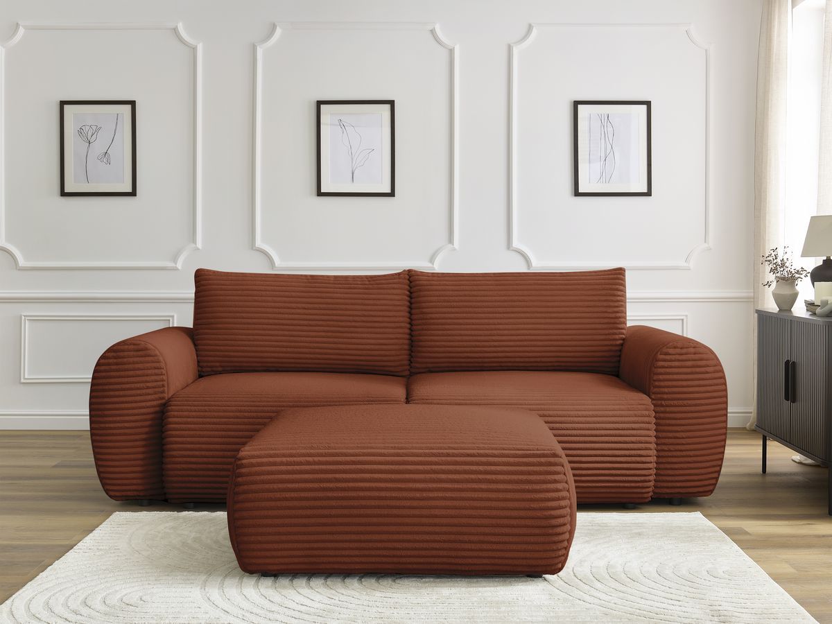 Canapé droit convertible coffre LUCIEN gros côtelé doux avec pouf orange — vue 5
