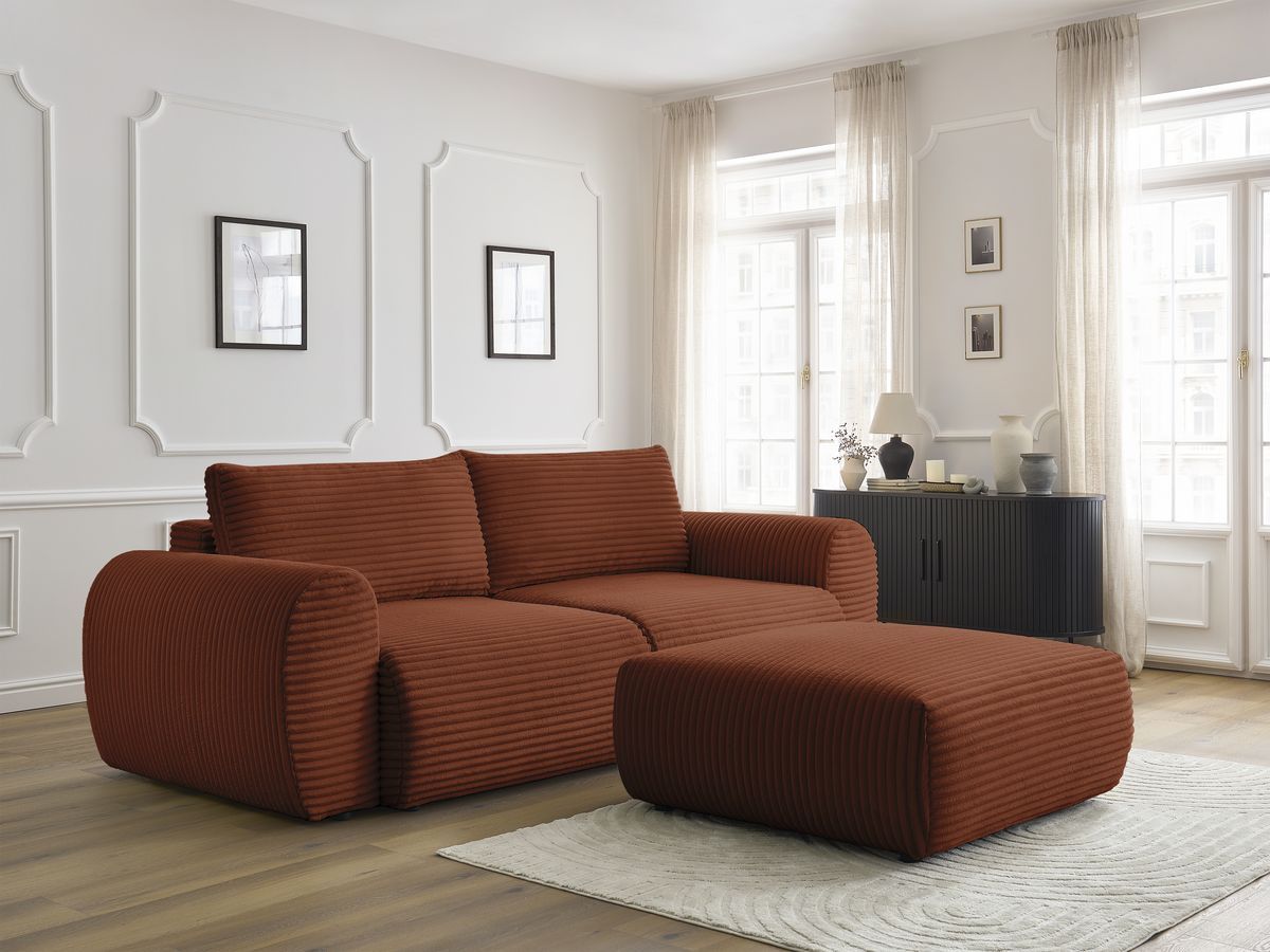 Canapé droit convertible coffre LUCIEN gros côtelé doux avec pouf