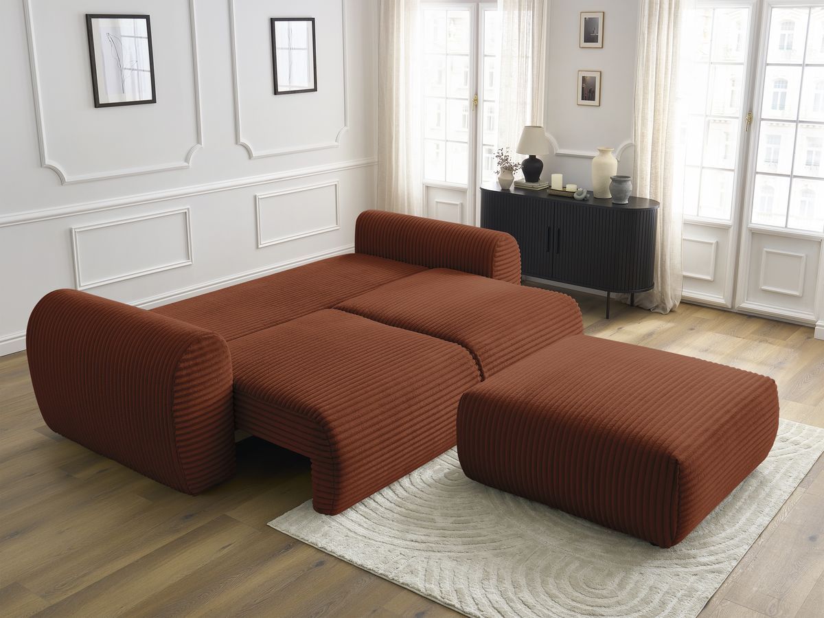 Canapé droit convertible coffre LUCIEN gros côtelé doux avec pouf