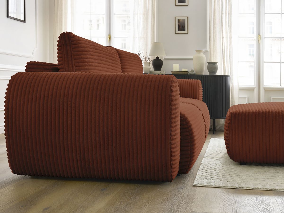 Canapé droit convertible coffre LUCIEN gros côtelé doux avec pouf