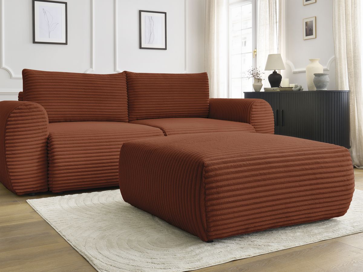 Canapé droit convertible coffre LUCIEN gros côtelé doux avec pouf