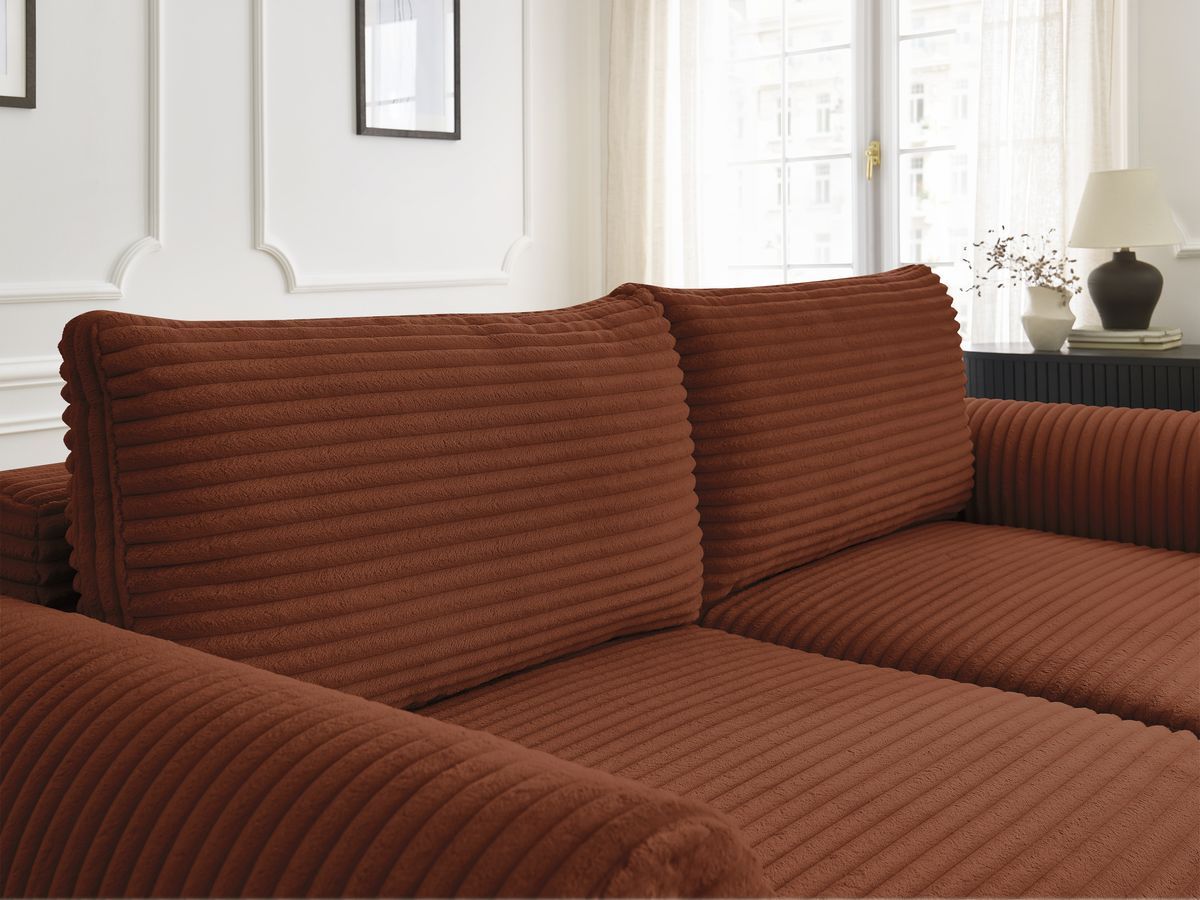 Canapé droit convertible coffre LUCIEN gros côtelé doux avec pouf