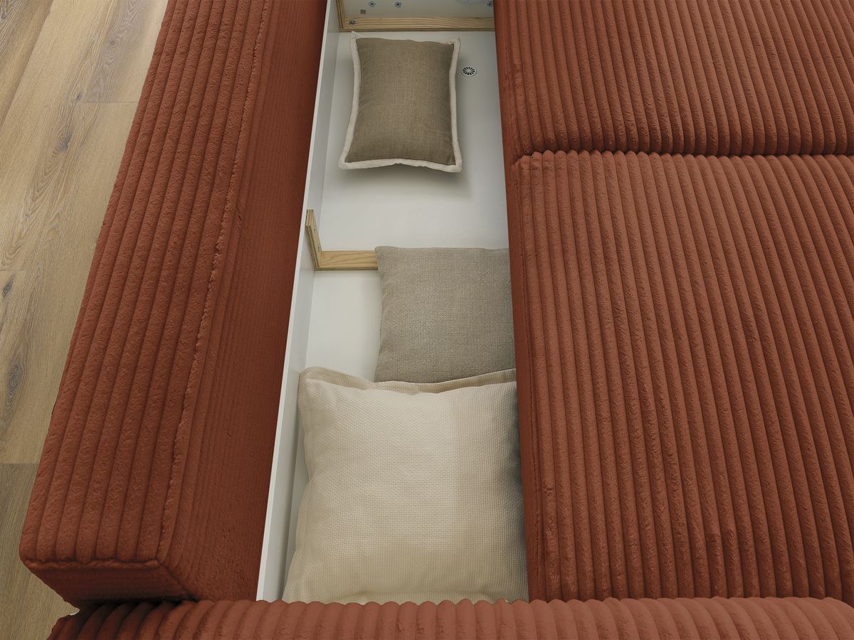 Canapé droit convertible coffre LUCIEN gros côtelé doux avec pouf