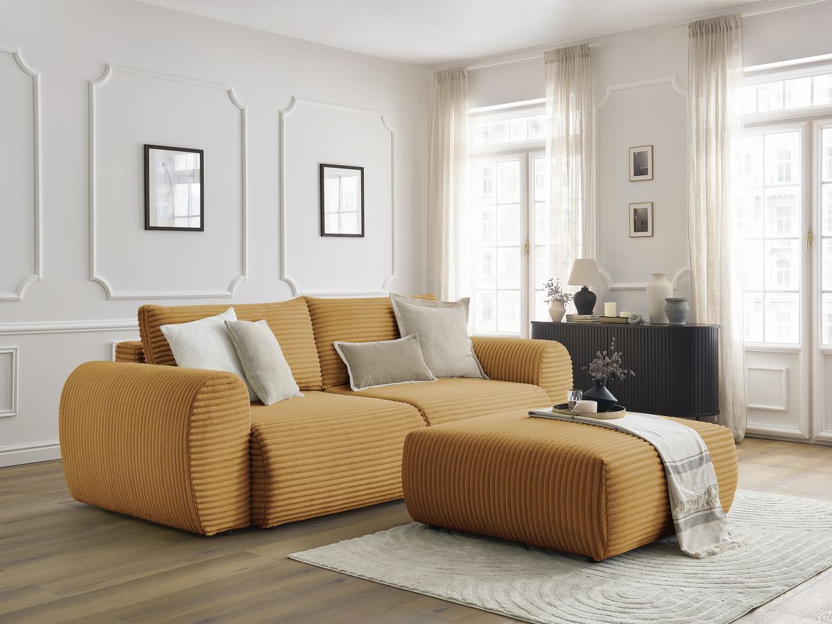 Canapé droit convertible coffre LUCIEN gros côtelé doux avec pouf