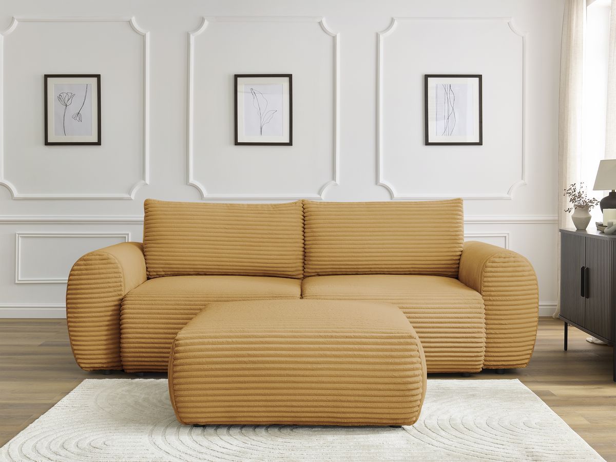 Canapé droit convertible coffre LUCIEN gros côtelé doux avec pouf jaune — vue 5