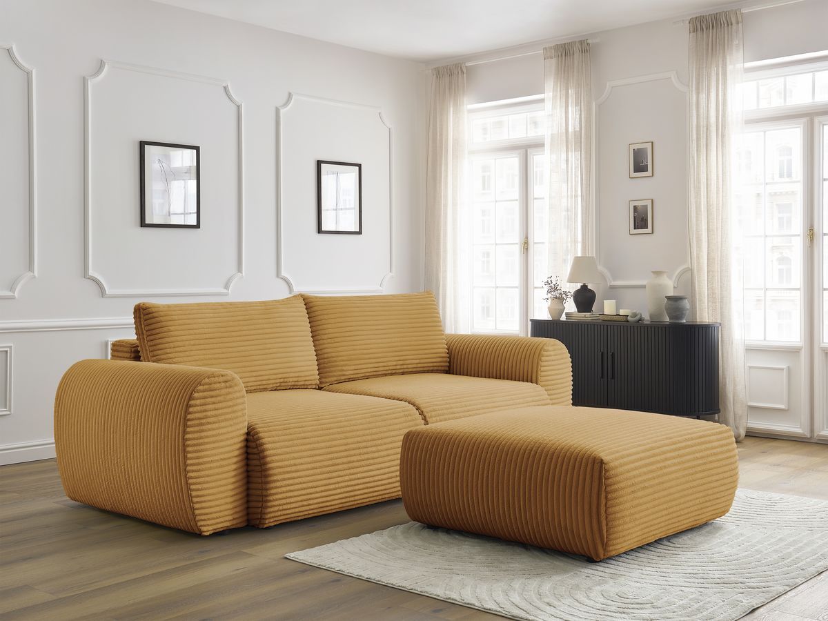 Canapé droit convertible coffre LUCIEN gros côtelé doux avec pouf