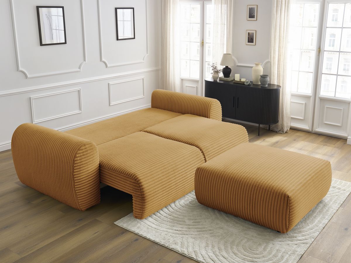 Canapé droit convertible coffre LUCIEN gros côtelé doux avec pouf