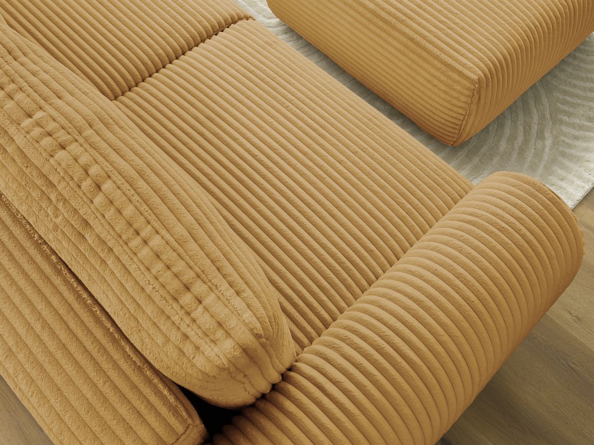 Canapé droit convertible coffre LUCIEN gros côtelé doux avec pouf
