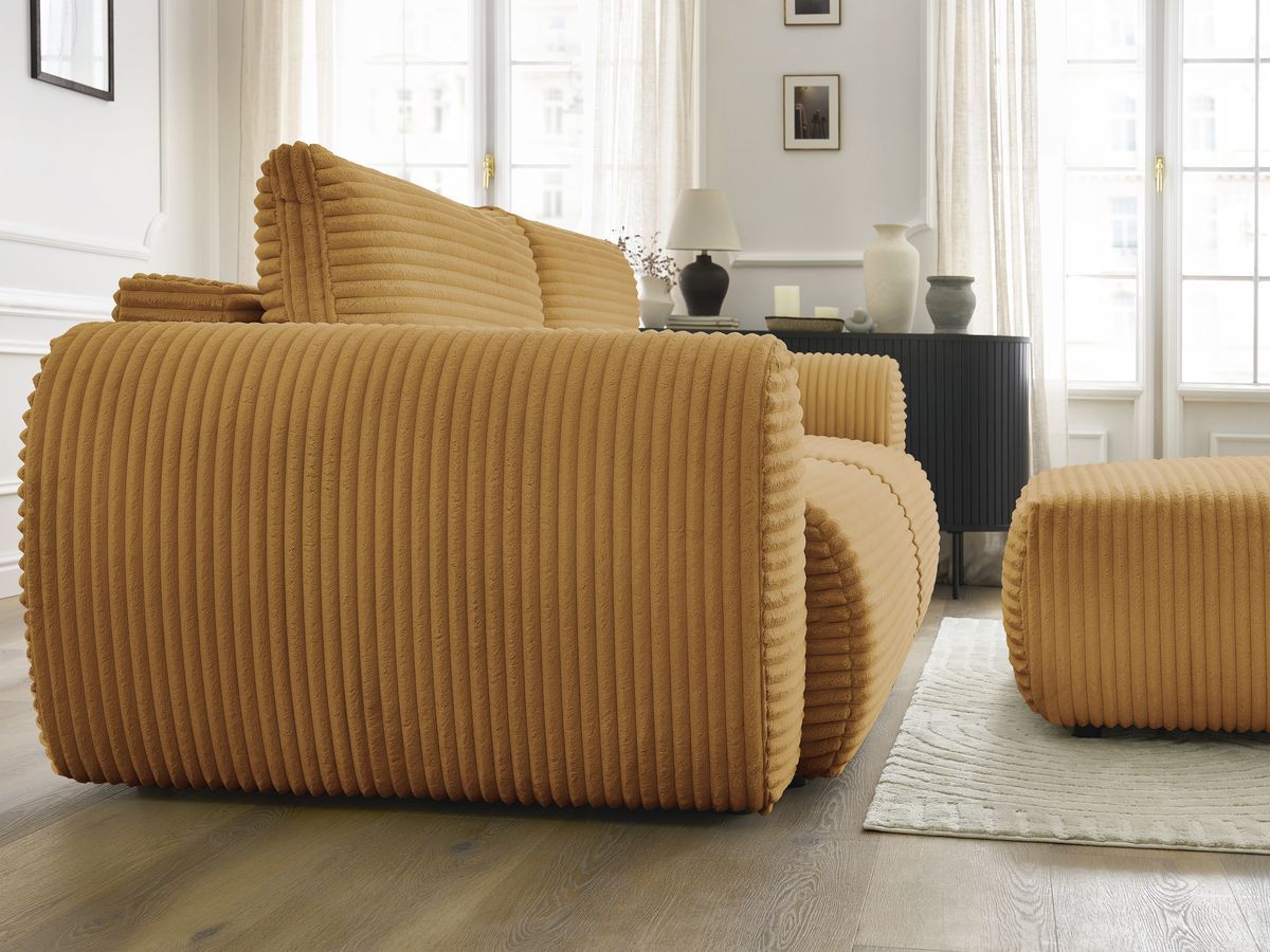 Canapé droit convertible coffre LUCIEN gros côtelé doux avec pouf