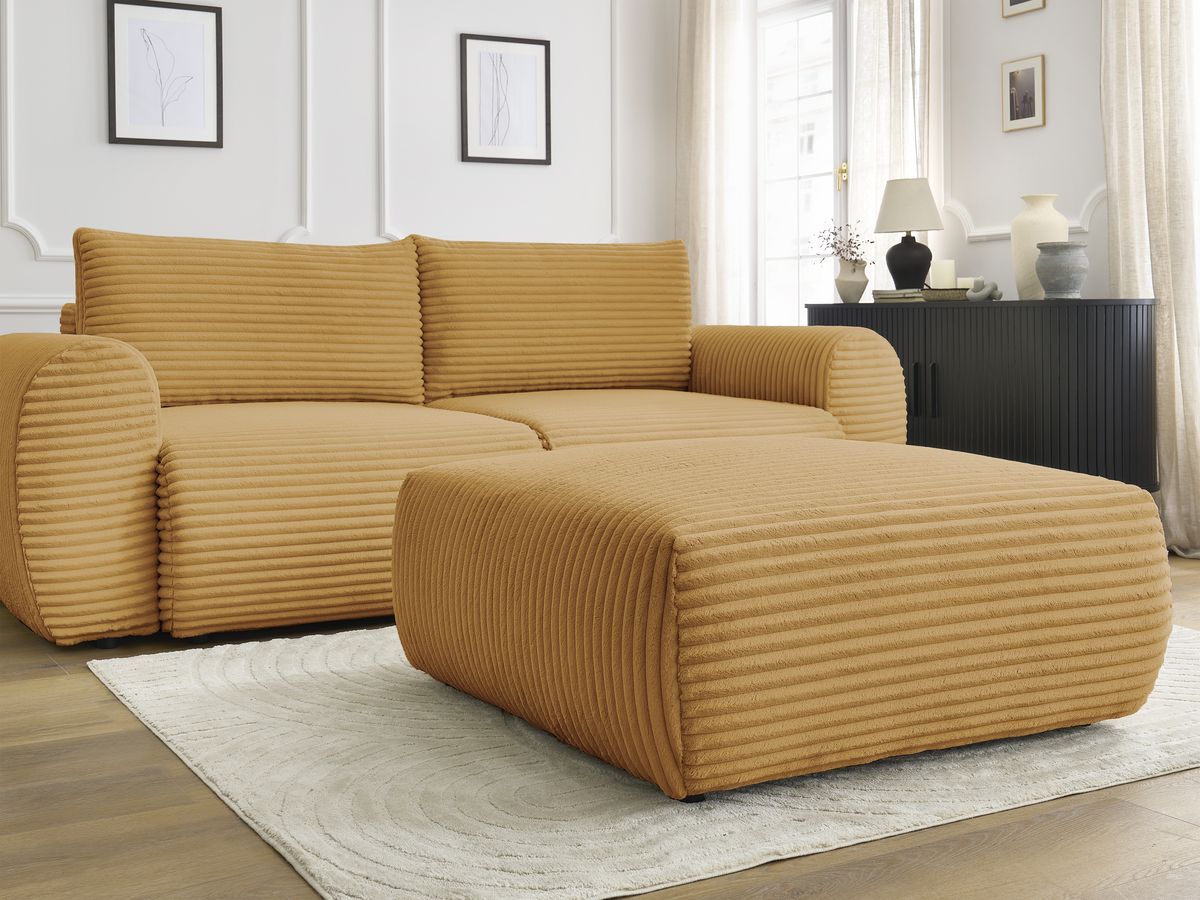 Canapé droit convertible coffre LUCIEN gros côtelé doux avec pouf