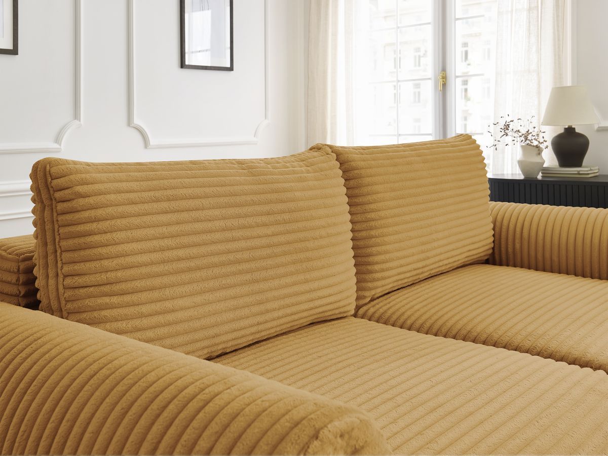 Canapé droit convertible coffre LUCIEN gros côtelé doux avec pouf