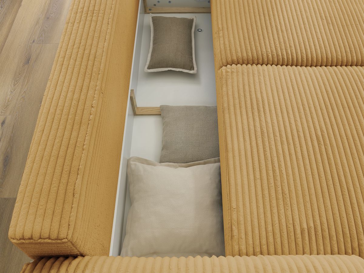 Canapé droit convertible coffre LUCIEN gros côtelé doux avec pouf