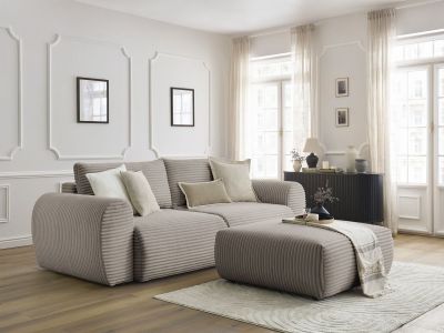 Canapé droit convertible coffre LUCIEN gros côtelé doux avec pouf
