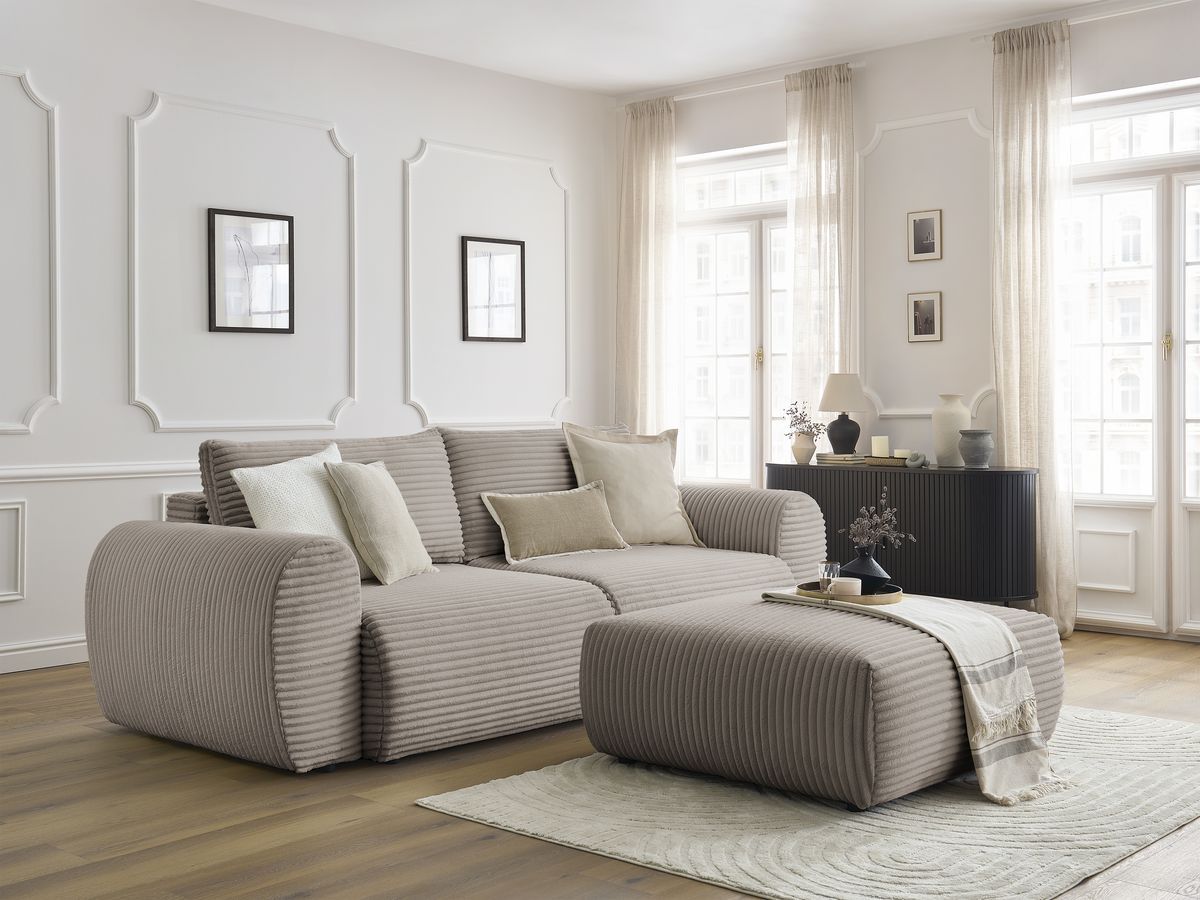 Canapé droit convertible coffre LUCIEN gros côtelé doux avec pouf