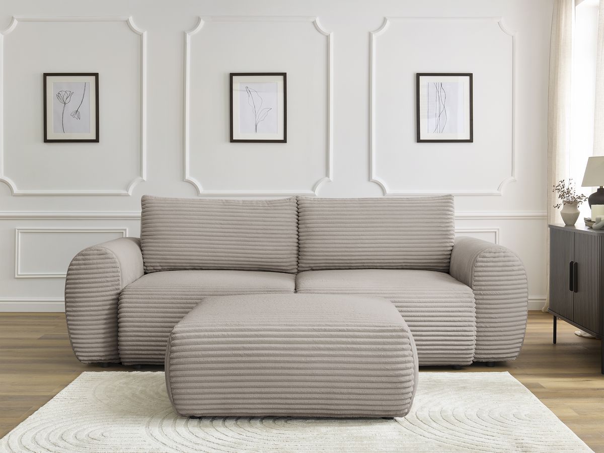 Canapé droit convertible coffre LUCIEN gros côtelé doux avec pouf taupe — vue 5