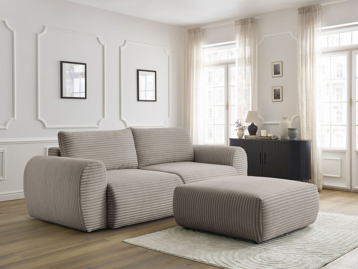 Canapé droit convertible coffre LUCIEN gros côtelé doux avec pouf