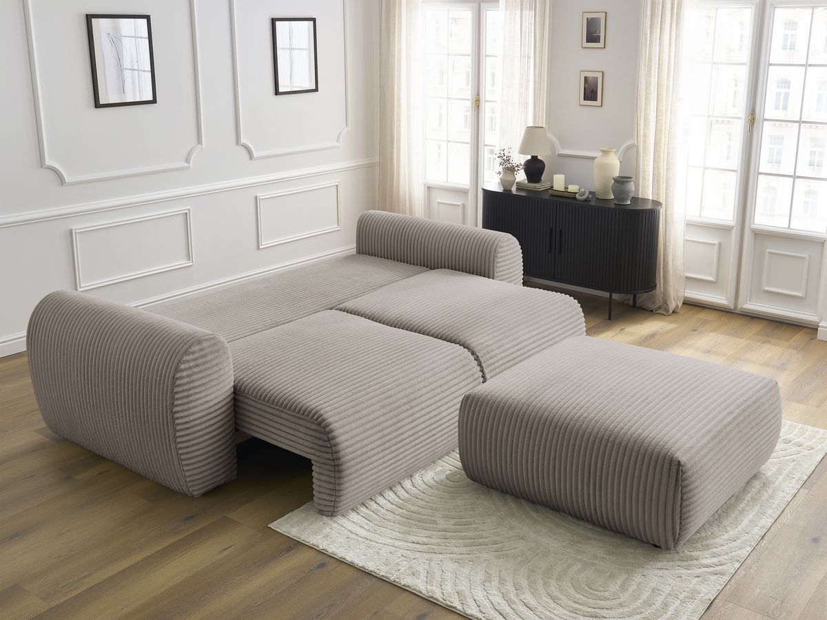 Canapé droit convertible coffre LUCIEN gros côtelé doux avec pouf