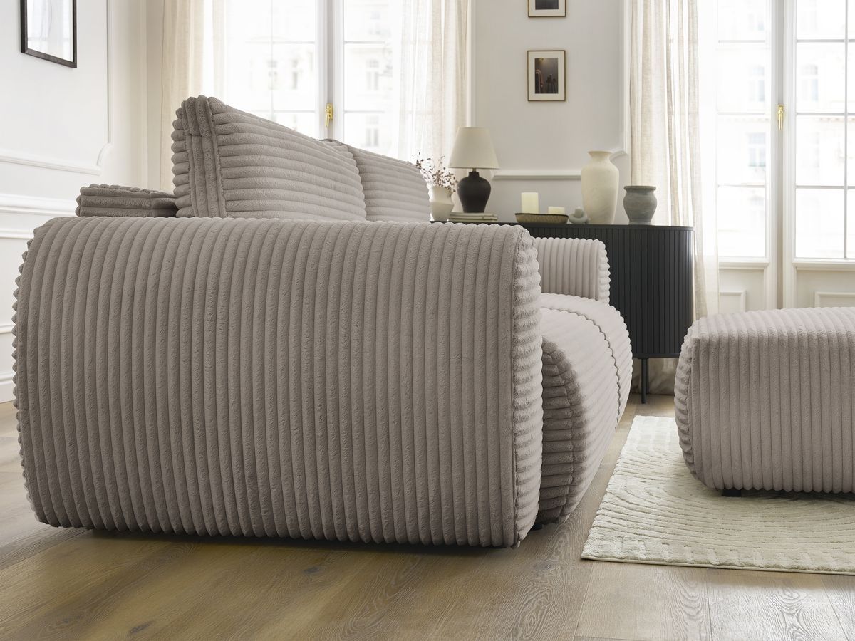 Canapé droit convertible coffre LUCIEN gros côtelé doux avec pouf
