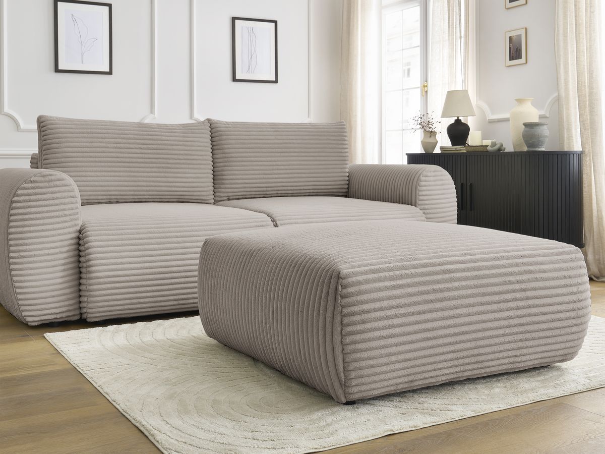 Canapé droit convertible coffre LUCIEN gros côtelé doux avec pouf
