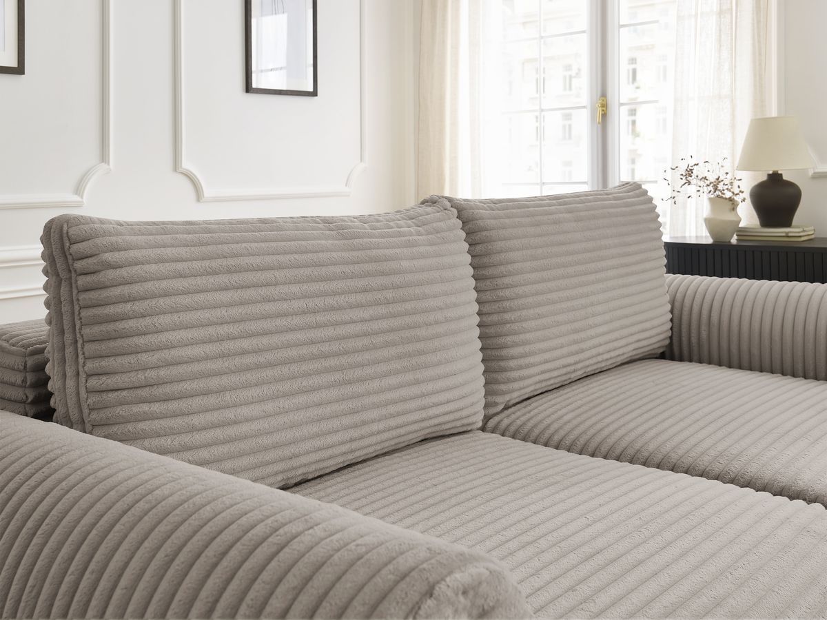 Canapé droit convertible coffre LUCIEN gros côtelé doux avec pouf
