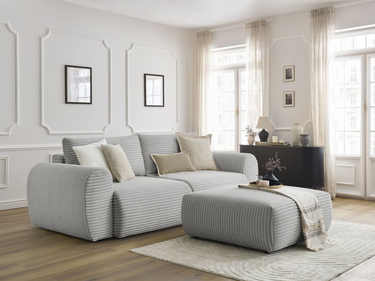 Canapé droit convertible coffre LUCIEN gros côtelé doux avec pouf
