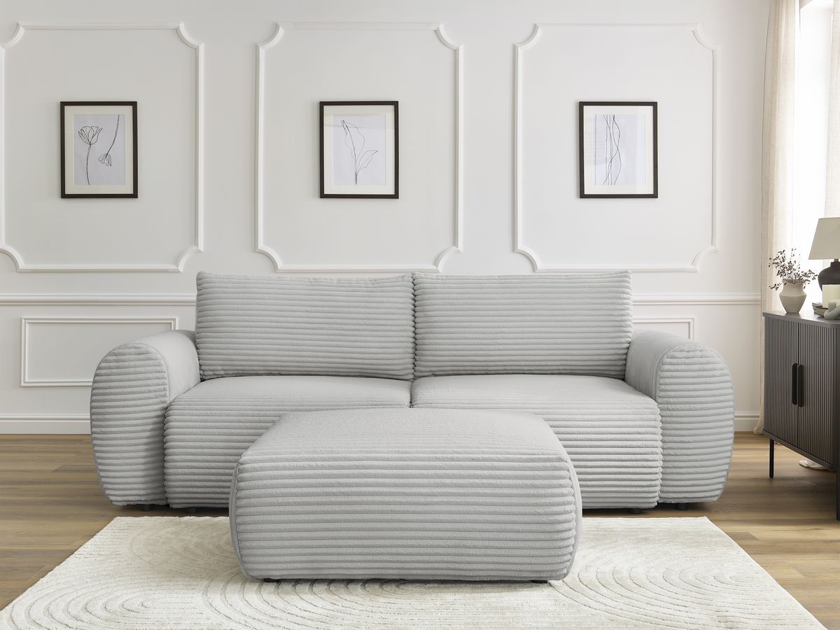 Canapé droit convertible coffre LUCIEN gros côtelé doux avec pouf gris clair — vue 5