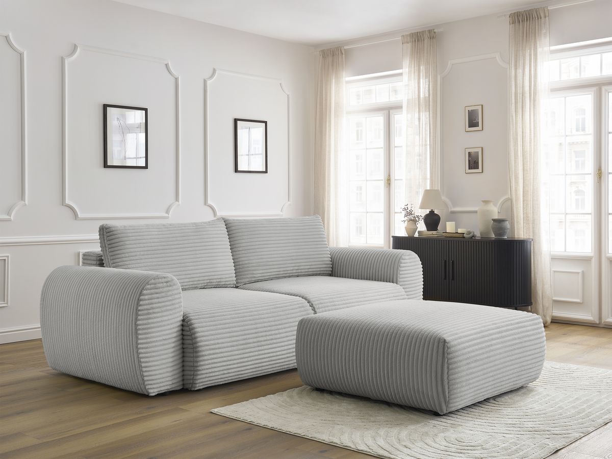 Canapé droit convertible coffre LUCIEN gros côtelé doux avec pouf