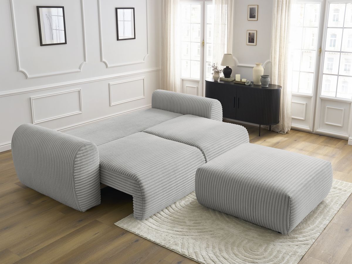 Canapé droit convertible coffre LUCIEN gros côtelé doux avec pouf