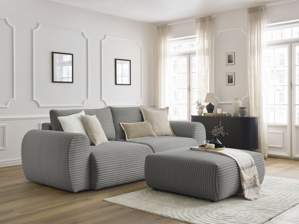 Canapé droit convertible coffre LUCIEN gros côtelé doux avec pouf