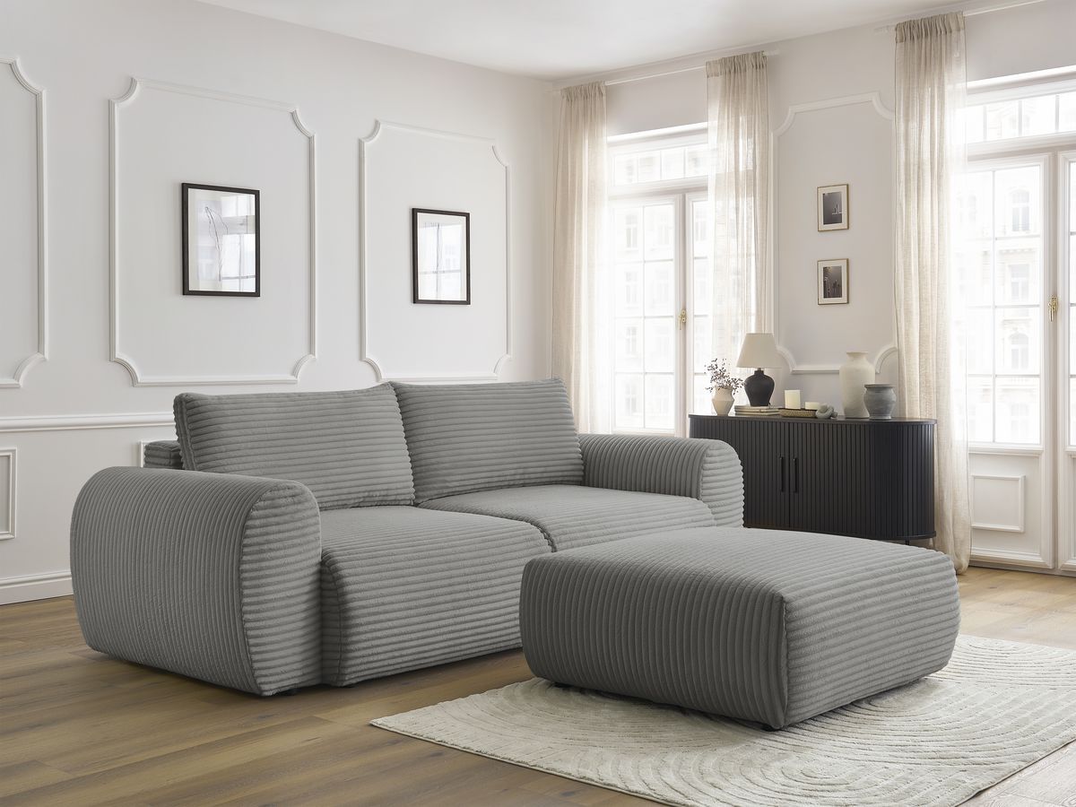 Canapé droit convertible coffre LUCIEN gros côtelé doux avec pouf