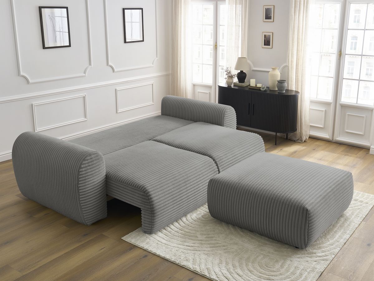 Canapé droit convertible coffre LUCIEN gros côtelé doux avec pouf