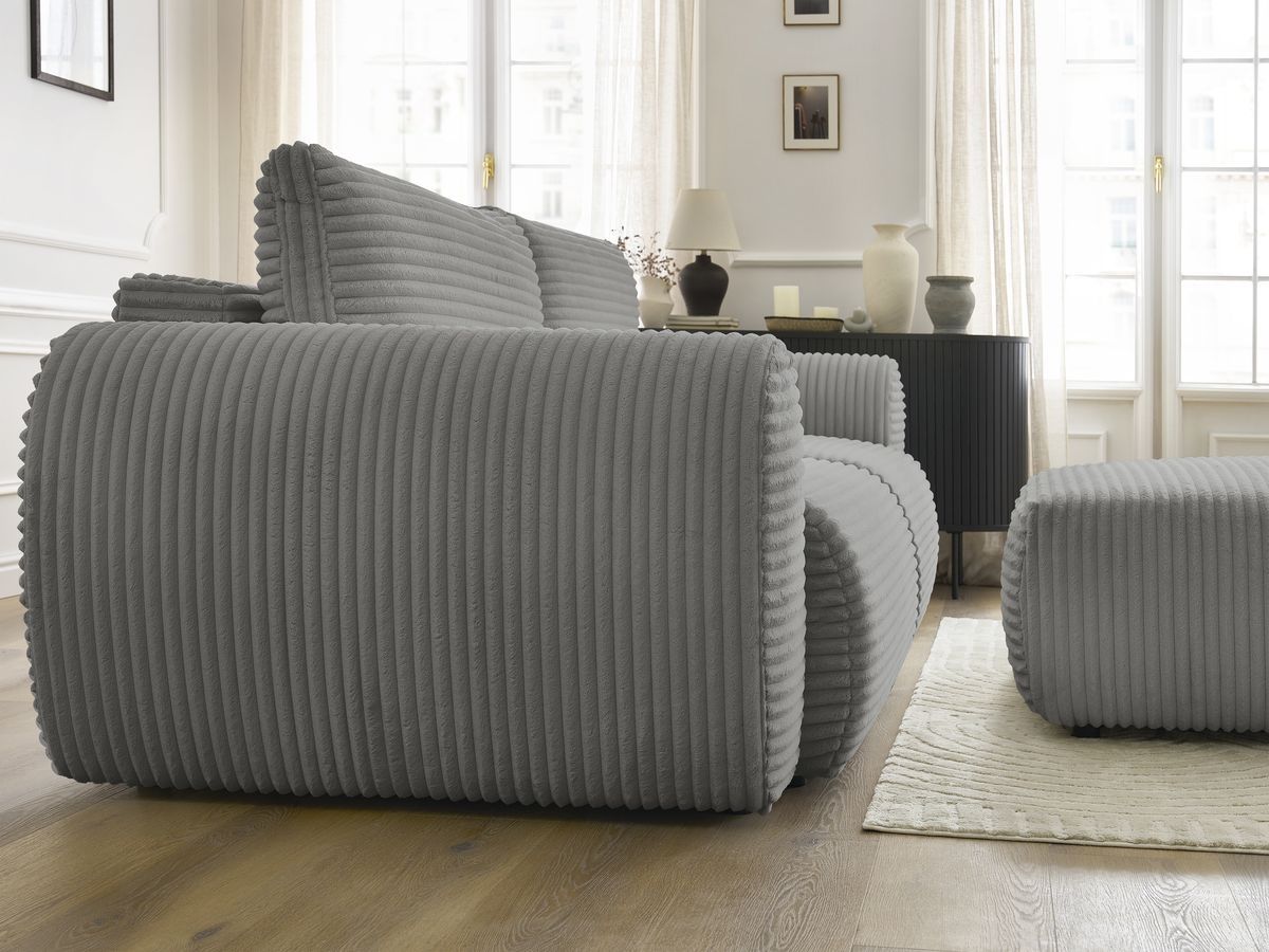 Canapé droit convertible coffre LUCIEN gros côtelé doux avec pouf