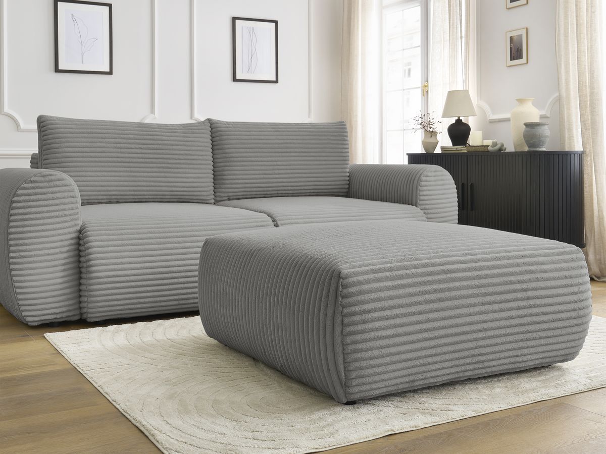 Canapé droit convertible coffre LUCIEN gros côtelé doux avec pouf
