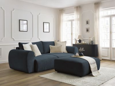 Canapé droit convertible coffre LUCIEN tissu lisse avec pouf