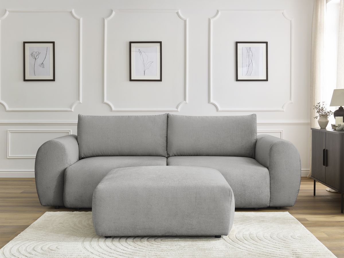 Canapé droit convertible coffre LUCIEN lisse avec pouf gris clair — vue 5