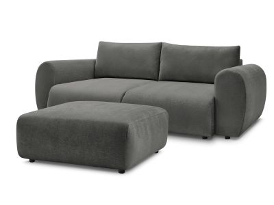 Canapé droit convertible coffre LUCIEN tissu lisse avec pouf