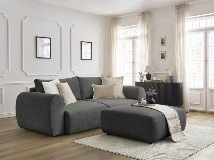 Canapé droit convertible coffre LUCIEN tissu lisse avec pouf